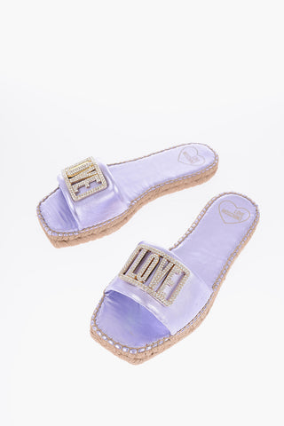 LOVE Laminated Leather Sandals with Rhinestone Logo Detail and Raffia Sole