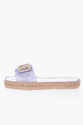 LOVE Laminated Leather Sandals with Rhinestone Logo Detail and Raffia Sole
