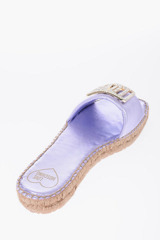 LOVE Laminated Leather Sandals with Rhinestone Logo Detail and Raffia Sole