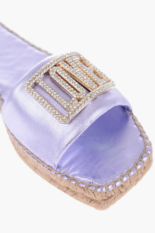 LOVE Laminated Leather Sandals with Rhinestone Logo Detail and Raffia Sole
