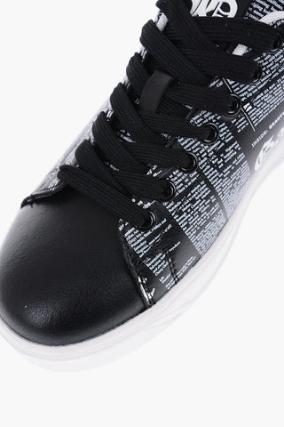 Two-Tone Faux Leather Low-Top Sneakers With All-Over Lettering Print