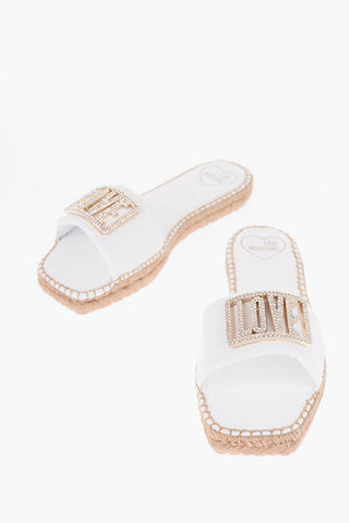 LOVE Sandali in Pelle con Suola in Rafia e Logo in Strass