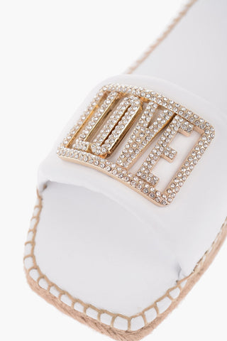 LOVE Sandali in Pelle con Suola in Rafia e Logo in Strass