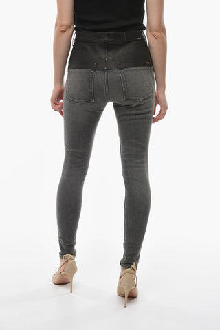 Jeans Skinny Fit con Dettaglio in Pelle 11cm