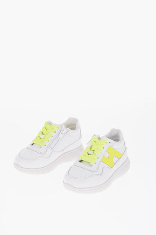 Leather Sneakers with Side Zip and Fluo Strings