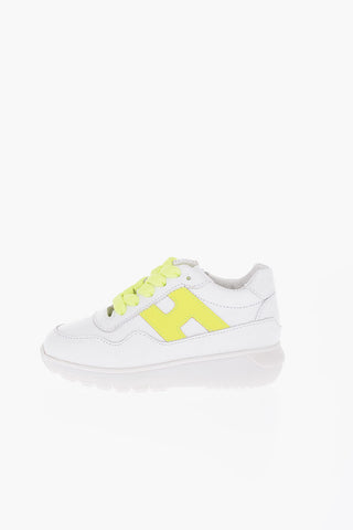 Leather Sneakers with Side Zip and Fluo Strings