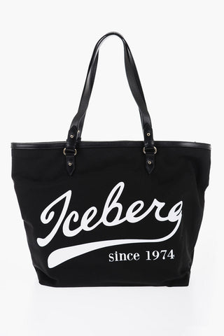 Canvas Tote Bag with Printed Logo and Leather Trims