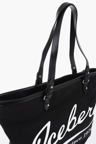 Canvas Tote Bag with Printed Logo and Leather Trims