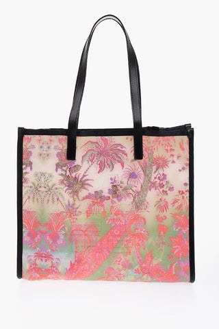 Borsa Tote a Fantasia Floreale con Rifiniture in Pelle