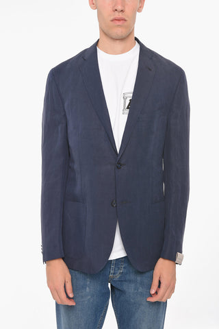Blazer in Misto Lana e Lino con Tasche a Filo