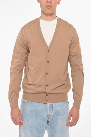 Worsted Wool V-neckline Cardigan with Ribbed Detailing