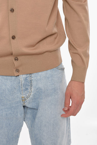 Worsted Wool V-neckline Cardigan with Ribbed Detailing