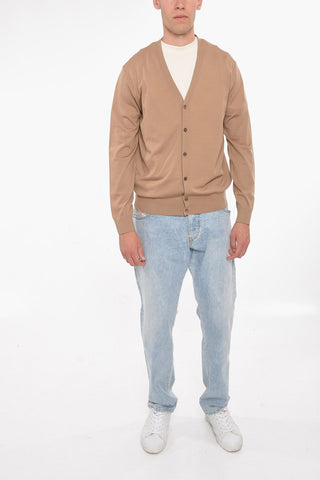 Worsted Wool V-neckline Cardigan with Ribbed Detailing