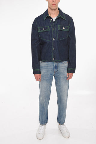 Giubbotto in Denim con Lavaggio Scuro e Cuciture a Vista