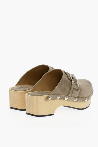 Sabot In pelle Scamosciata Con Suola In Legno Tacco 5,5 cm