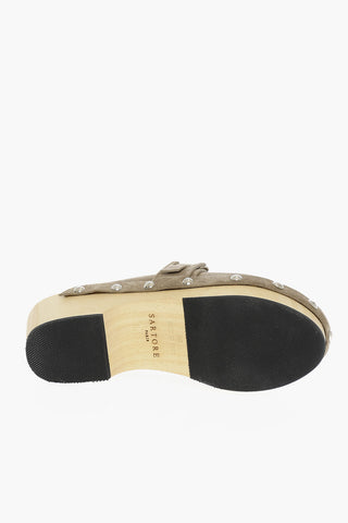 Sabot In pelle Scamosciata Con Suola In Legno Tacco 5,5 cm