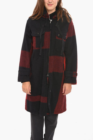 Wool Hoodie Coat with Check Pattern