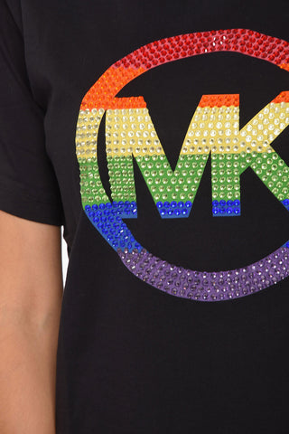Crewneck Shorts Sleeved Printed T-shirt With Rhinestones