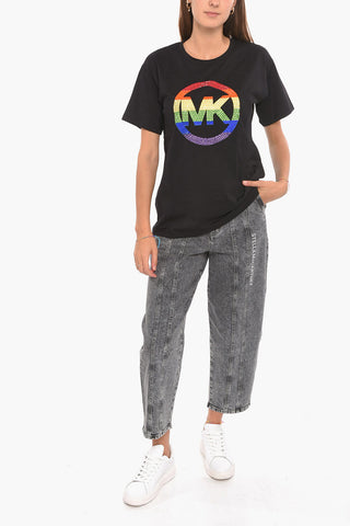 Crewneck Shorts Sleeved Printed T-shirt With Rhinestones