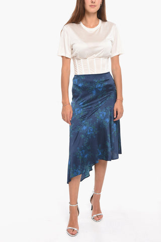 Floral-Motif Silk Asymmetrical Cut Skirt