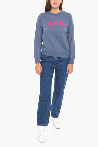 Crew Neck Cotton Blend Sweatshirt with Velour Print