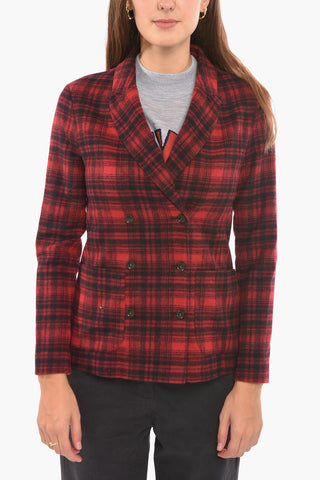 Wool Blend Double Breasted Blazer with Check Pattern