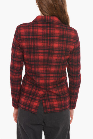 Wool Blend Double Breasted Blazer with Check Pattern