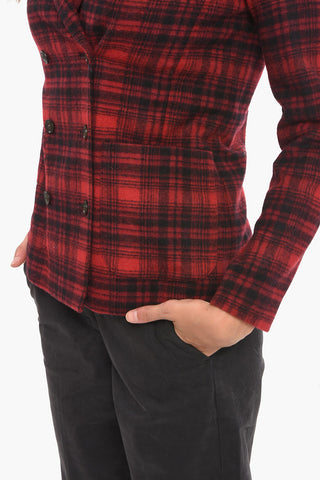 Wool Blend Double Breasted Blazer with Check Pattern