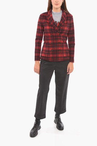 Wool Blend Double Breasted Blazer with Check Pattern
