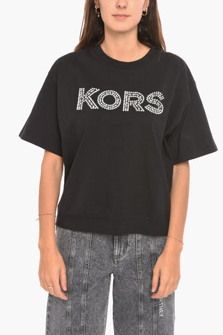 Crewneck Short Sleeved Logo T-shirt With Rhinestones