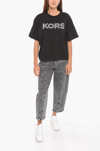Crewneck Short Sleeved Logo T-shirt With Rhinestones