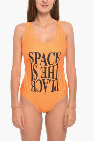 Solid Color One Piece Swimsuit with Contrasting Print