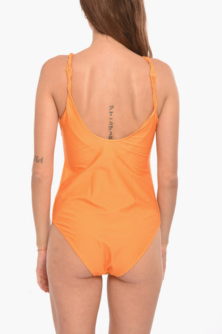 Solid Color One Piece Swimsuit with Contrasting Print