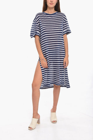 T-shirt Oversize in Lino con Spacchi Laterali