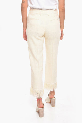 Silk Front-pleated Trousers with Fringes