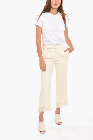 Silk Front-pleated Trousers with Fringes