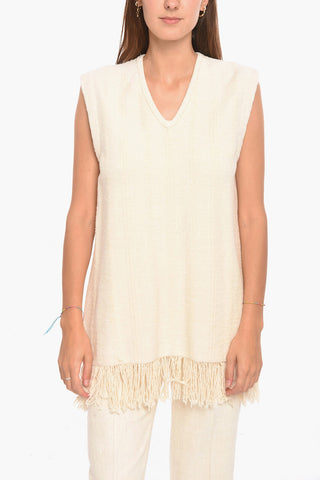 Top Smanicato in Misto Lino con Scollo a V e Frange