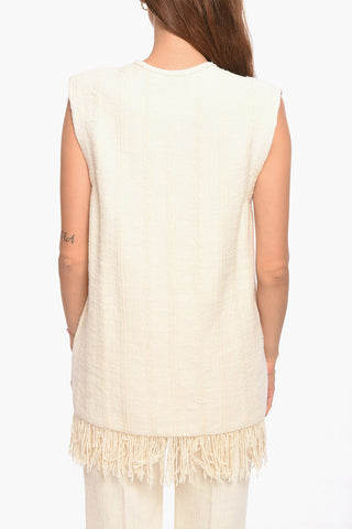 Top Smanicato in Misto Lino con Scollo a V e Frange