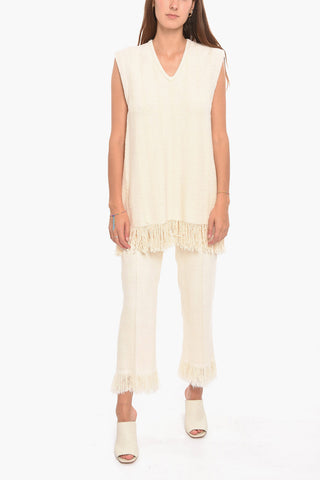 Top Smanicato in Misto Lino con Scollo a V e Frange