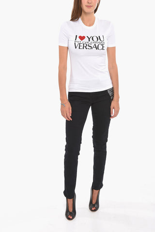 Front Printed Crew-neck T-Shirt with Rhinestone Detail
