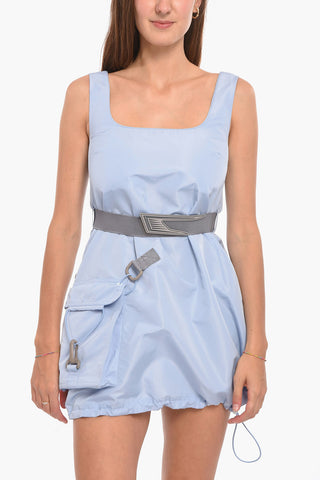 Elastic Belt Nylon Minidress with Utility Pocket