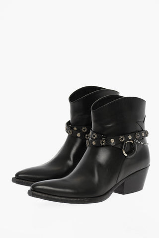 Pointed Leather Boots With Studded Straps