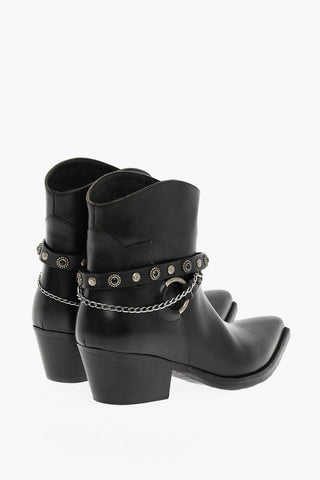 Pointed Leather Boots With Studded Straps