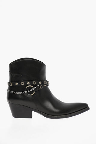 Pointed Leather Boots With Studded Straps