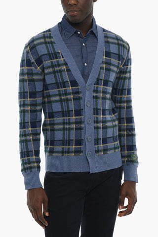 Wool Plaid Checked Cardigan with V-Neck