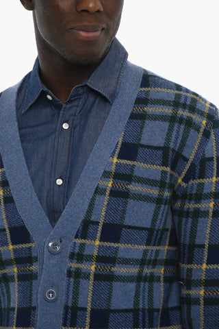 Wool Plaid Checked Cardigan with V-Neck