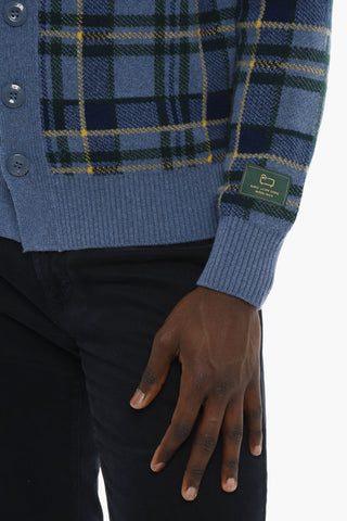 Wool Plaid Checked Cardigan with V-Neck