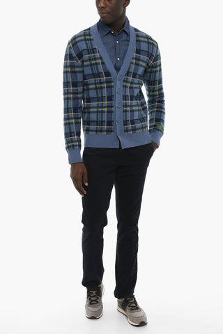 Wool Plaid Checked Cardigan with V-Neck