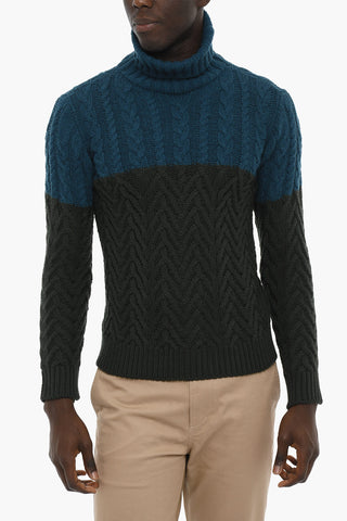 Two-Tone Merino Wool Turtleneck Cable-Knit Sweater