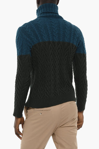 Two-Tone Merino Wool Turtleneck Cable-Knit Sweater